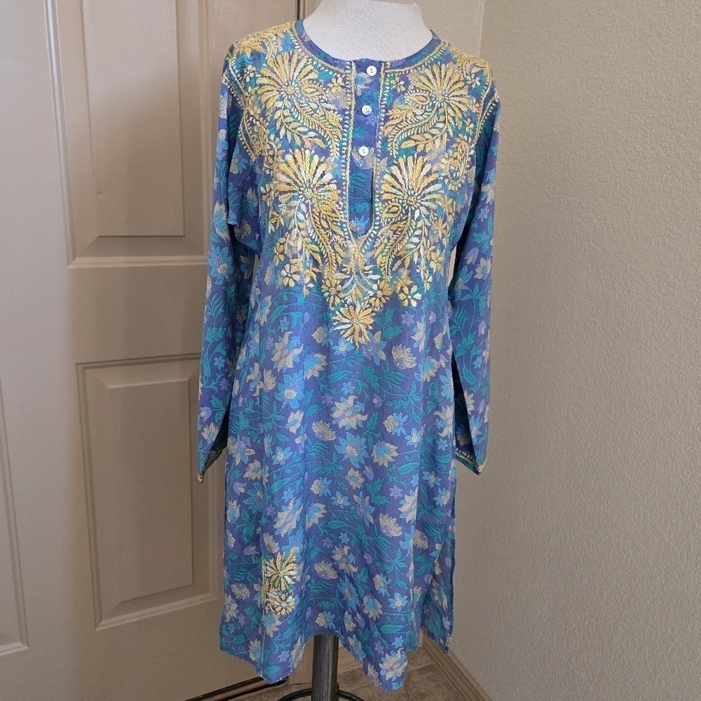 Turquoise Blue Silk Yellow Embroidered 3/4 Sleeve Tunic S